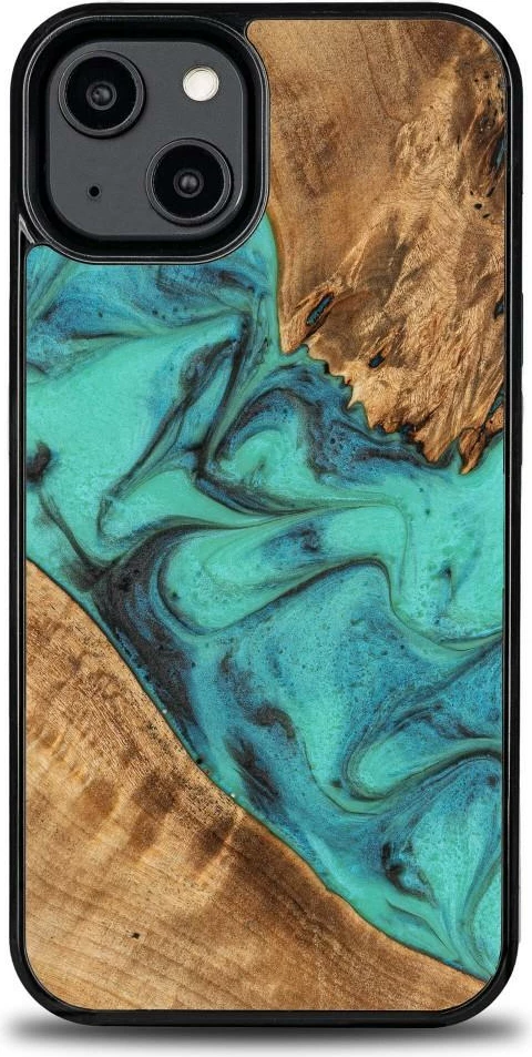 Mbështjellës Bewood Unique Turquoise për iPhone 15 Plus, dru dhe resinë, gjelbër, e zezë, turquoise