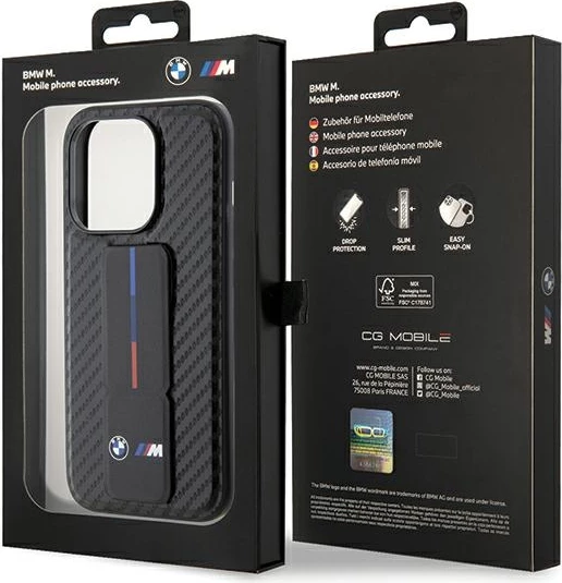 Mbështjellës BMW Grip Stand Smooth & Carbon për iPhone 15 Pro, i zi