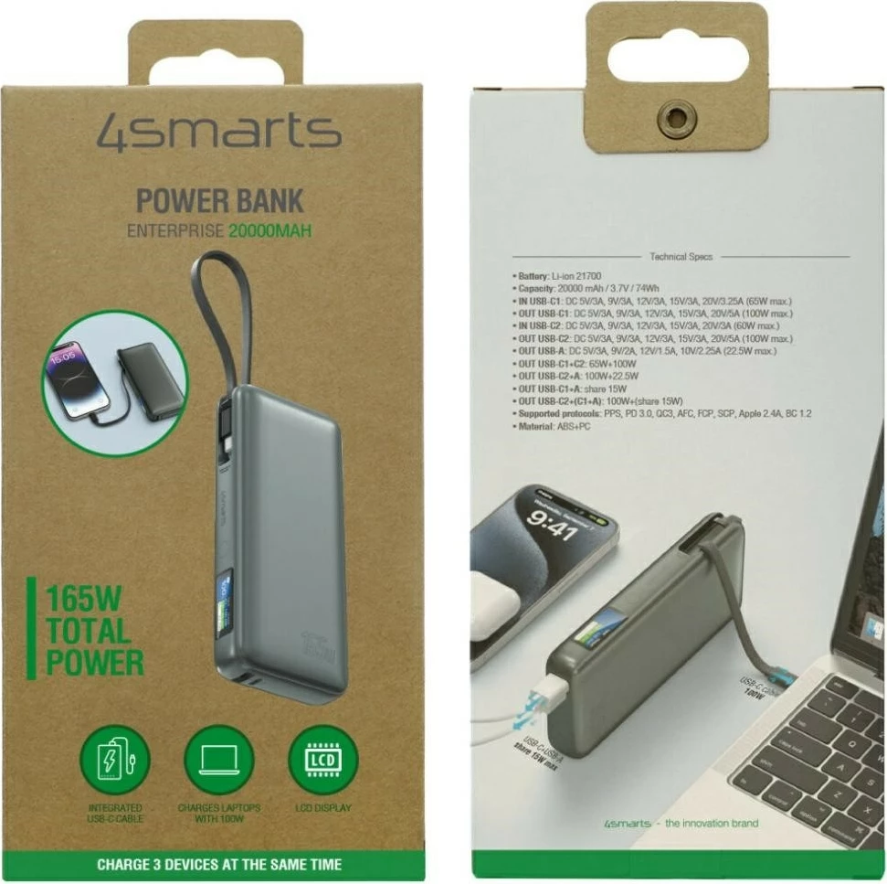 Powerbank 4smarts Enterprise 4SM000011 20000mAh 165W me kabëll USB-C të integruar LCD gri
