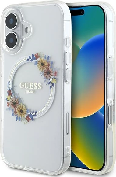 Mbështjellës Guess Flowers Wreath MagSafe për iPhone 16, Transparent