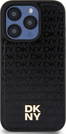 Mbështjellës DKNY Leather Monogram Pattern Metal Logo MagSafe për iPhone 15 Pro, e zezë