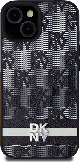 Mbështjellës DKNY Leather Checkered Mono Pattern & Printed Stripes për iPhone 13/14/15, i zi