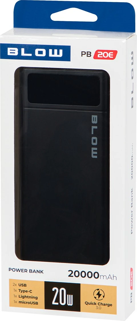 Power bank, BLOW PB20E 20000mAh QC 3.0 + PD 22.5W, USB-C + 2x USB-A, me ekran LED, e zezë