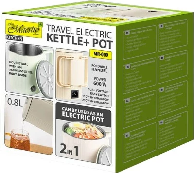 Ibrik elektrik / tenxhere kampingu 2-në-1 Feel-Maestro MR-009 0.8L 600W, tension 110/230V, dorezë palosëse, çelik inox brenda, Mint