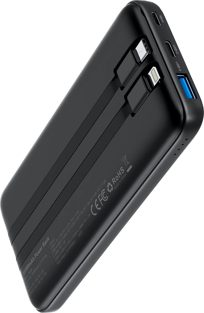 Powerbank Choetech B654, 10000mAh, 22.5W, USB-A/USB-C/micro USB, kabllo të integruara USB-C/Lightning, e zezë