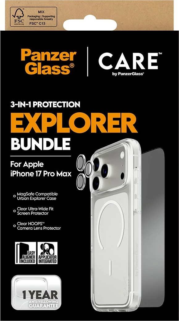 Mbështjellës PanzerGlass CARE 3-in-1 Flagship Explorer Bundle për iPhone 17 Pro Max, transparent