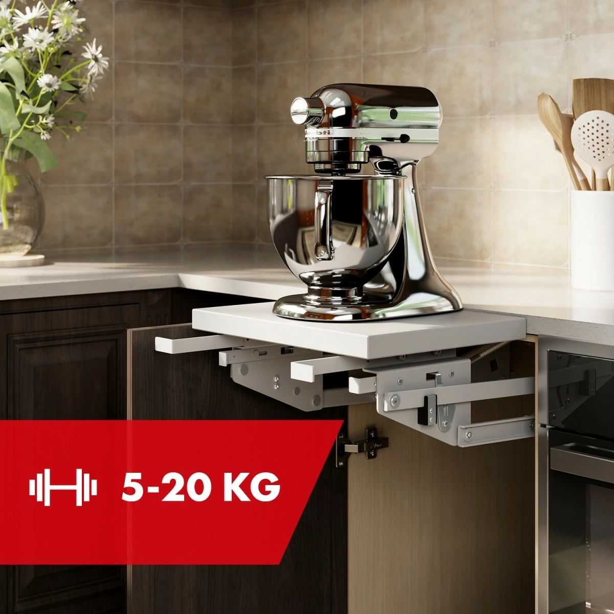 Mekanizëm ngritës për dollap kuzhine Maclean MC-497, metal, kapacitet 5-20 kg, argjendtë