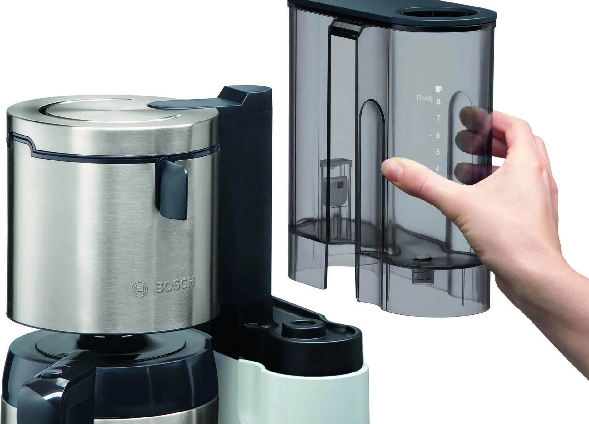 Aparat kafeje Bosch TKA8A681, 1.1 L, 1100 W, Ngjyrë e zezë, Inoks, E bardhë