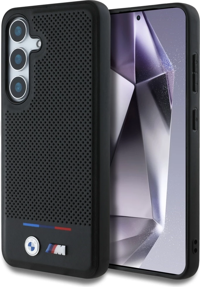 Mbështjellës BMW Leather Tricolor Stripe MagSafe për Samsung Galaxy S25+, lëkurë natyrale, hardcase, me unazë magnetike MagSafe, e zezë