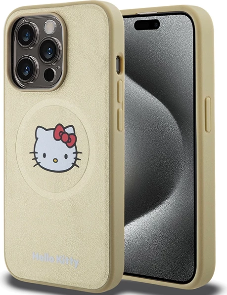 Mbështjellës Hello Kitty Leather Kitty Head MagSafe për iPhone 15 Pro, lëkurë artificiale, ari
