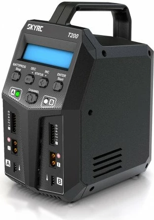 Karikues SkyRC T200, 2x100W, për bateri LiPo/LiFe/NiMH/NiCd/Pb, i zi
