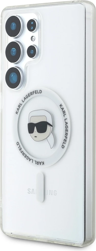 Mbështjellës Karl Lagerfeld Button Karl Head Printed Logo MagSafe për Samsung Galaxy S25 Ultra, Bardhë