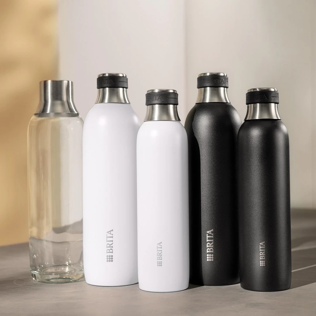 Shishe karbonizuese BRITA sodaTRIO, 1 L, Qelq, 2 copë, Argjendtë