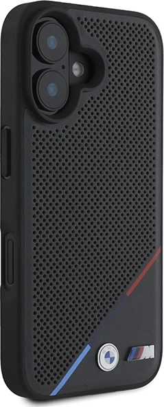 Mbështjellës BMW M Perforated Tricolor Line MagSafe për iPhone 16 Plus, Zi