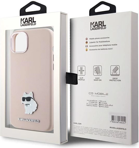 Mbështjellës Karl Lagerfeld Silicone Choupette Metal Pin për iPhone 15 Plus / 14 Plus, Rozë