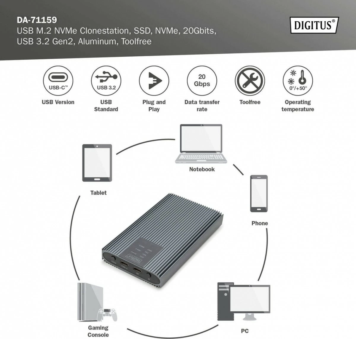 Kasë e jashtme Digitus DA-71559 për SSD M.2 NVMe, USB 3.2 Type-C, 20 Gb/s, Alumini, Gri