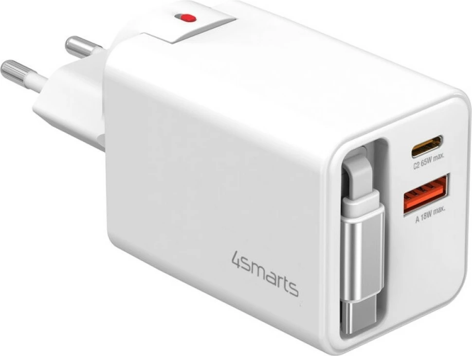 Karikues muri GaN, 4smarts Flex Jojo 4SM000009, 65W PD, 2x USB-C + USB-A, kabllo e integruar e tërheqshme, e bardhë