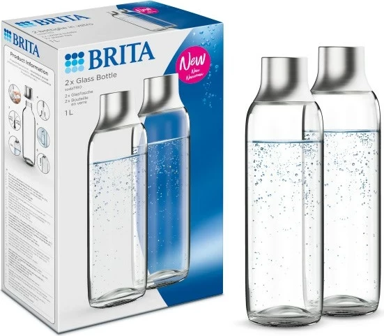 Shishe karbonizuese BRITA sodaTRIO, 1 L, Qelq, 2 copë, Argjendtë