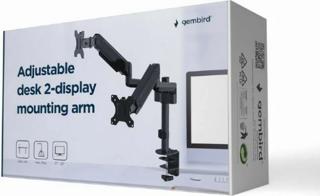 Mbajtës tavoline për dy monitorë Gembird MA-DA2P-01, i rregullueshëm, 17-32 inç, i zi