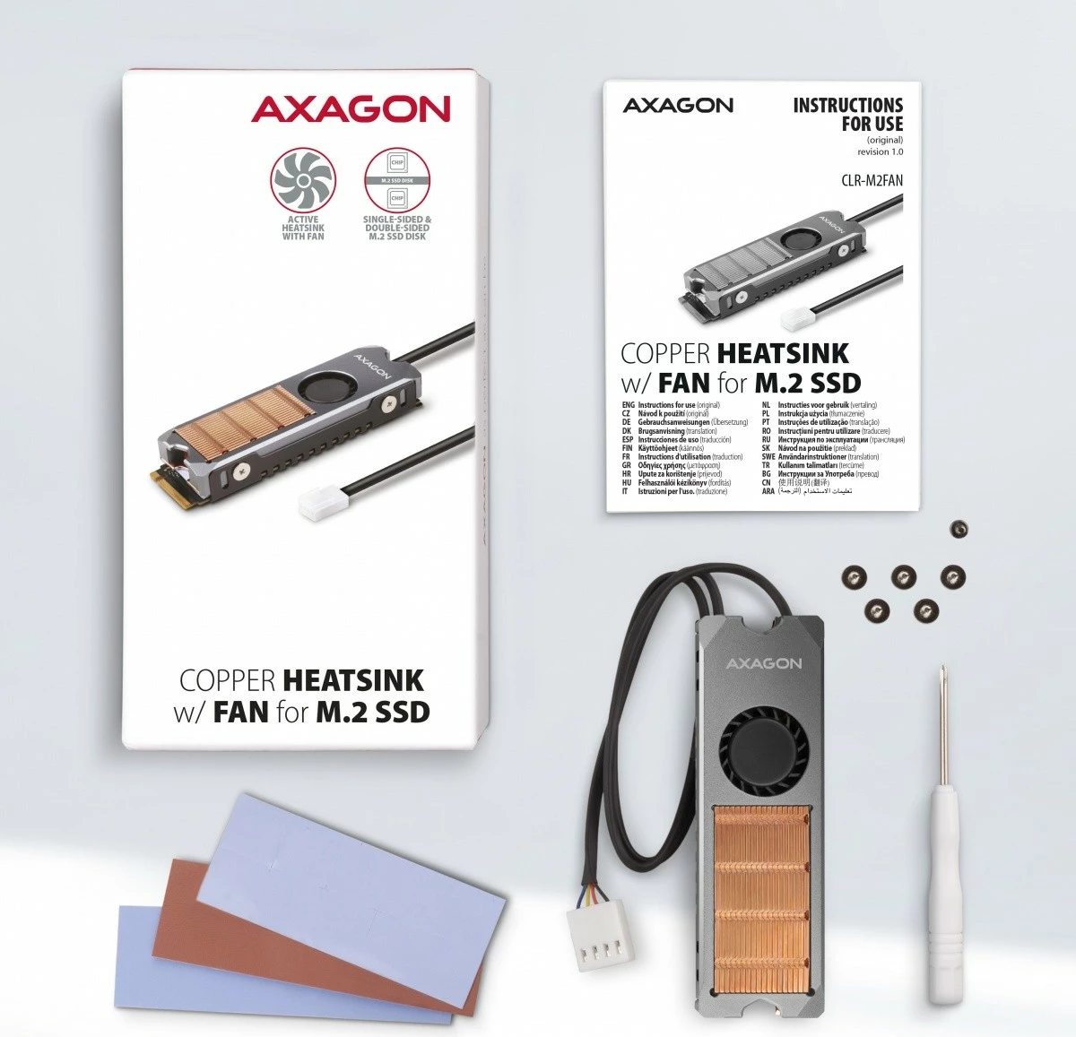 Ftohës aktiv për SSD M.2 AXAGON CLR-M2FAN me ventilator, bakër, 76x24x12mm