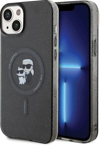Mbështjellës Karl Lagerfeld Karl&Choupette Glitter MagSafe për iPhone 15, i zi