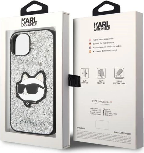 Mbështjellës Karl Lagerfeld Glitter Choupette për iPhone 14 Plus 6.7", argjendtë