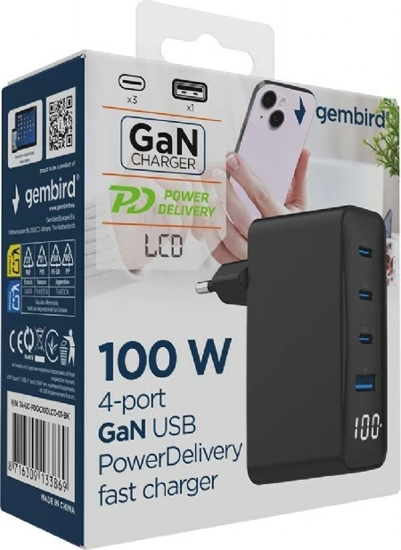 Karikues Gembird TA-UC-PDQC100LCD-01-BK për laptop e celular, 100W, i zi