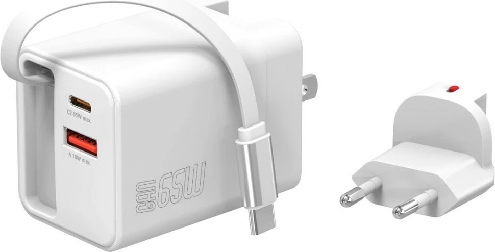 Karikues muri GaN, 4smarts Flex Jojo 4SM000009, 65W PD, 2x USB-C + USB-A, kabllo e integruar e tërheqshme, e bardhë