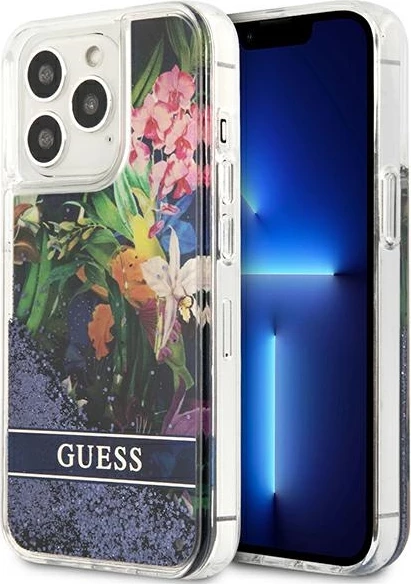 Mbështjellës Guess Flower Liquid Glitter për iPhone 13 Pro Max, Blu