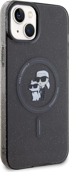 Mbështjellës Karl Lagerfeld Karl&Choupette Glitter MagSafe për iPhone 15 Plus, i zi