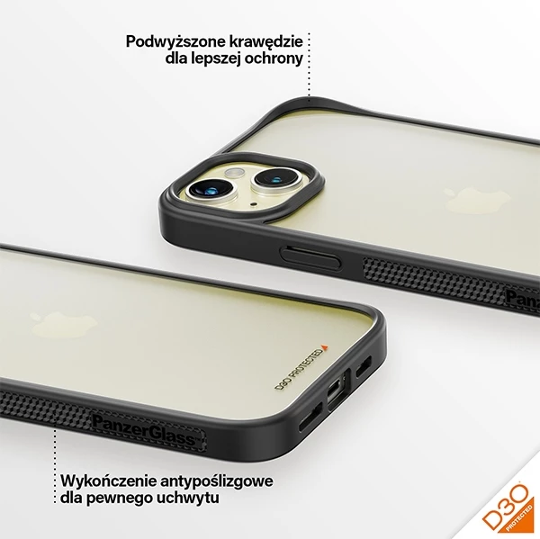 Mbështjellës PanzerGlass ClearCase për iPhone 15 Plus / 14 Plus, D3O, i tejdukshëm & zi