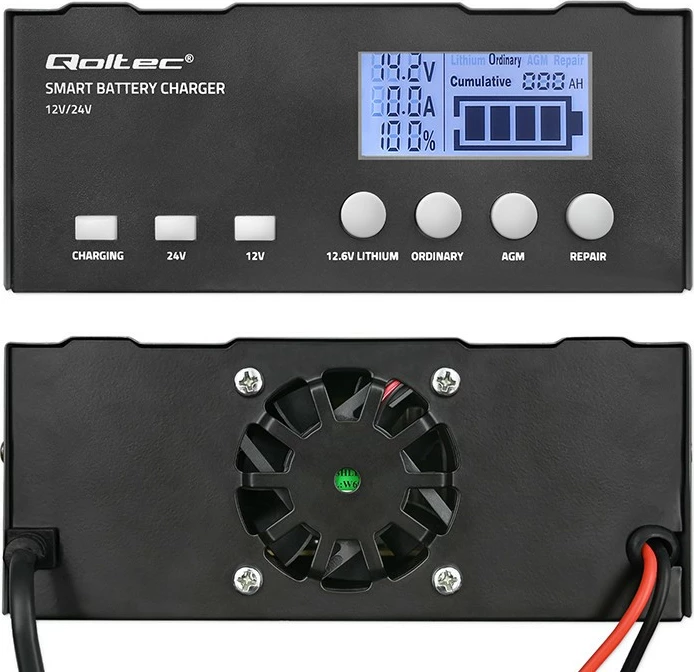 Karikues inteligjent baterie Qoltec 52491, 12V/12.6V/24V, funksion riparimi, LCD, i zi