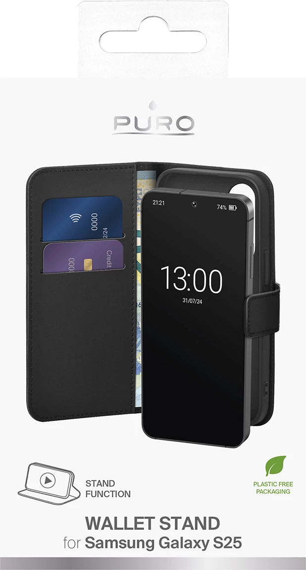 Mbështjellës Puro Booklet Case me flip dhe portofol për Samsung Galaxy S25, e zezë