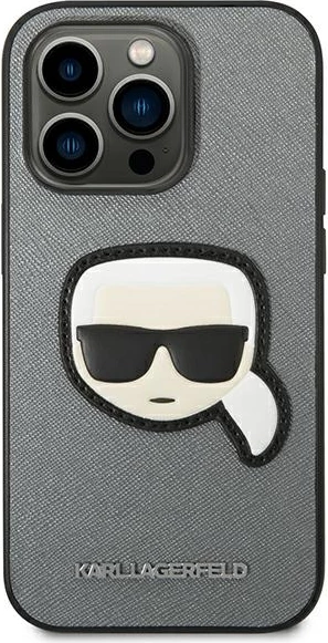 Mbështjellës Karl Lagerfeld KLHCP14XSAPKHG për iPhone 14 Pro Max 6.7", hardcase, Saffiano Karl's Head Patch, argjendtë