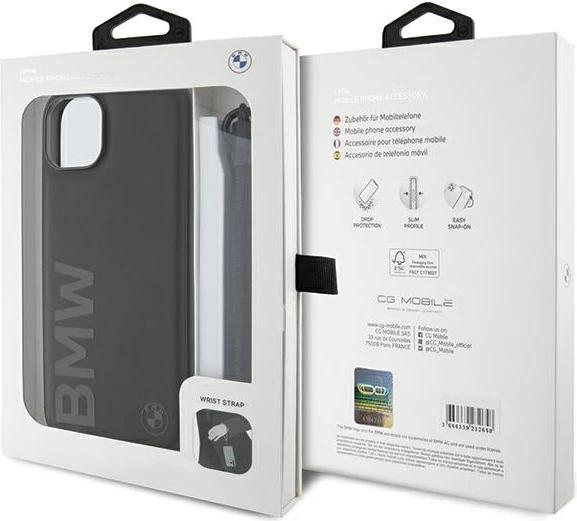 Mbështjellës BMW Signature Leather Wordmark Cord për iPhone 15/14/13, Lëkurë, E zezë