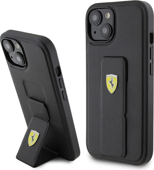 Mbështjellës Ferrari Grip Stand Metal Logo për iPhone 15, i zi