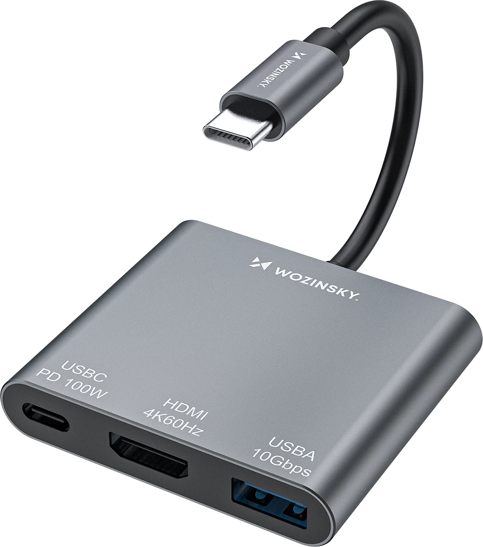 Hub USB-C Wozinsky WHCH-01 PD 100W HDMI 4K@30Hz USB-A 10Gbps, gri
