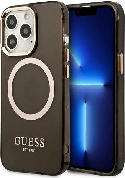 Mbështjellës Guess Gold Outline Translucent MagSafe për iPhone 13 Pro / iPhone 13, i zi