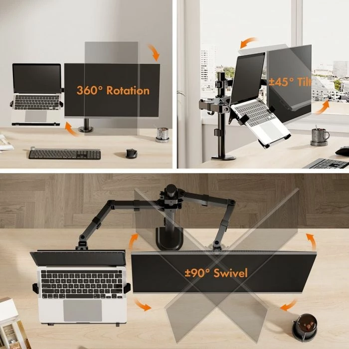 Mbajtëse dyfishe monitori dhe laptopi VONHAUS 3000114, për 2 monitorë 13-32\", montim me kapëse ose bazë, çelik, e zezë