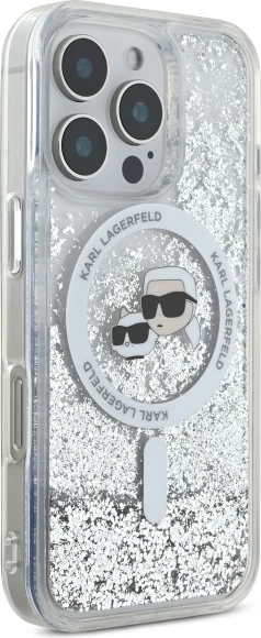 Mbështjellës Karl Lagerfeld Liquid Glitter Karl & Choupette Head MagSafe për iPhone 16 Pro Max, Transparent