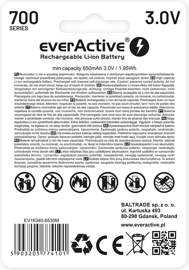 Bateri e rikarikueshme everActive 16340, 700 mAh, 3V, me Micro USB, një copë