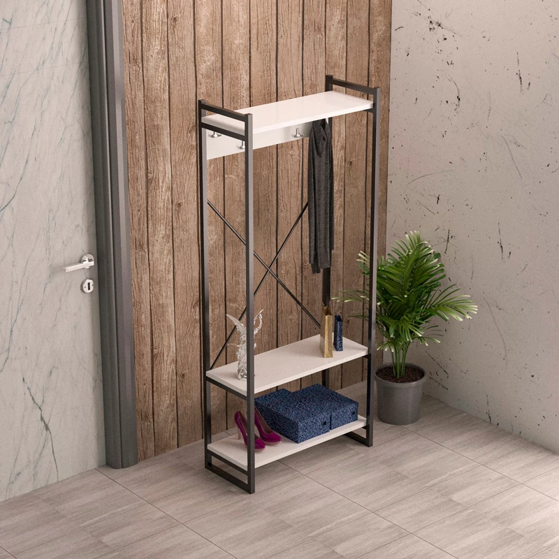 Mobilje hyrëse me varëse Baker, metal i zi dhe melaminë e bardhë, 90x34x180cm