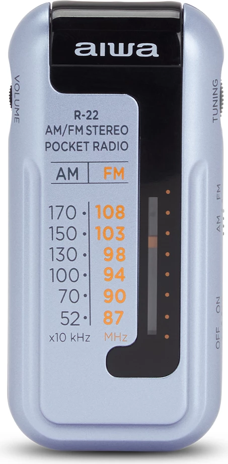 Radio portative AM/FM Aiwa R-22, HyperBASS, 3.5mm, me Kufje dhe bateri, blu e çelët