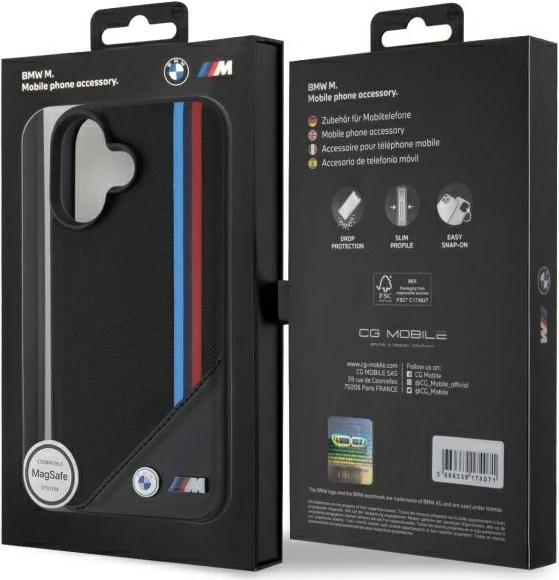 Mbështjellës BMW M Meshed Tricolor Stripes MagSafe për iPhone 16, i zi