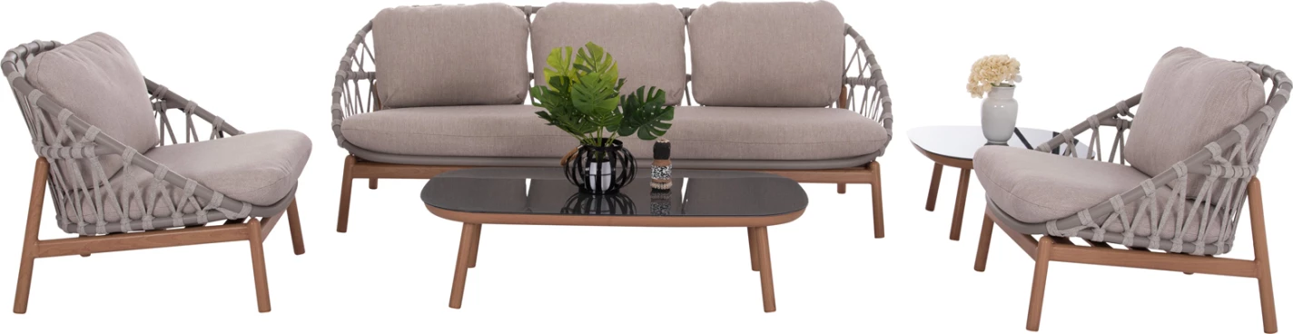 Set lounge për jashtë, 5 pjesë, KROM FH6360.02, alumin, litar, tavolinë me xham 3D