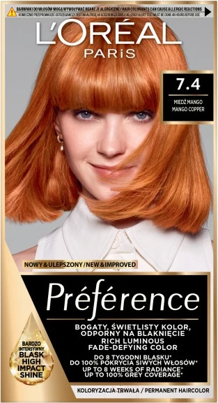 Ngjyrë për flokë për femra L'Oreal Paris Preference 7.4 Mango Bakër, 1 copë