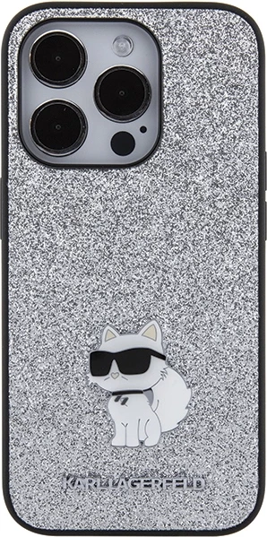 Mbështjellës Karl Lagerfeld Glitter Choupette Logo Metal për iPhone 15 Pro Max, Argjend