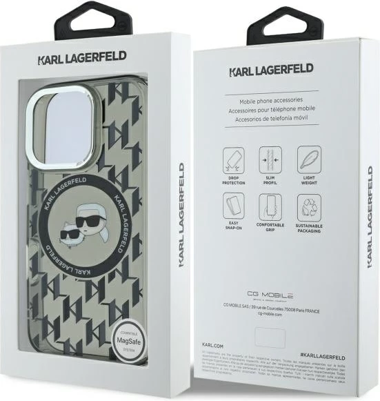 Mbështjellës Karl Lagerfeld IML Monogram Karl & Choupette Head MagSafe për iPhone 16 Pro, i zi
