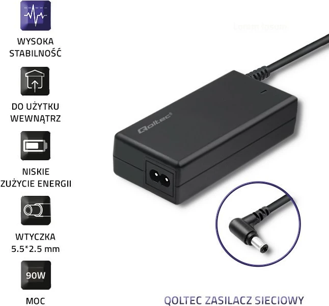 Furnizues energjie për laptop Qoltec 50099.90W, për Lenovo, 20V, 4.74A, 90W, 5.5x2.5 mm, Zi