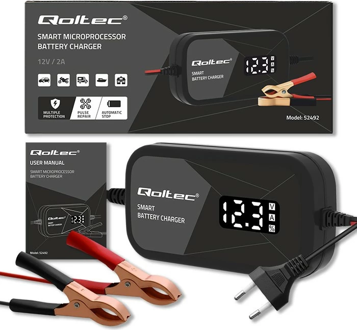 Karikues inteligjent mikroprocesorik Qoltec 52492, 12V, 2A, funksion rigjenerimi qelizash, LCD, i zi